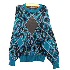 Vintage Impact Sweater Mens Size M Blue Black Diamond Pattern Leather Accents